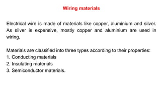 Wiring materials
Electrical wire is made of materials like copper, aluminium and silver.
As silver is expensive, mostly copper and aluminium are used in
wiring.
Materials are classified into three types according to their properties:
1. Conducting materials
2. Insulating materials
3. Semiconductor materials.
 