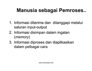 www.rahmadani.net
Manusia sebagai Pemroses..
1. Informasi diterima dan ditanggapi melalui
saluran input-output
2. Informasi disimpan dalam ingatan
(memory)
3. Informasi diproses dan diaplikasikan
dalam pelbagai cara
 