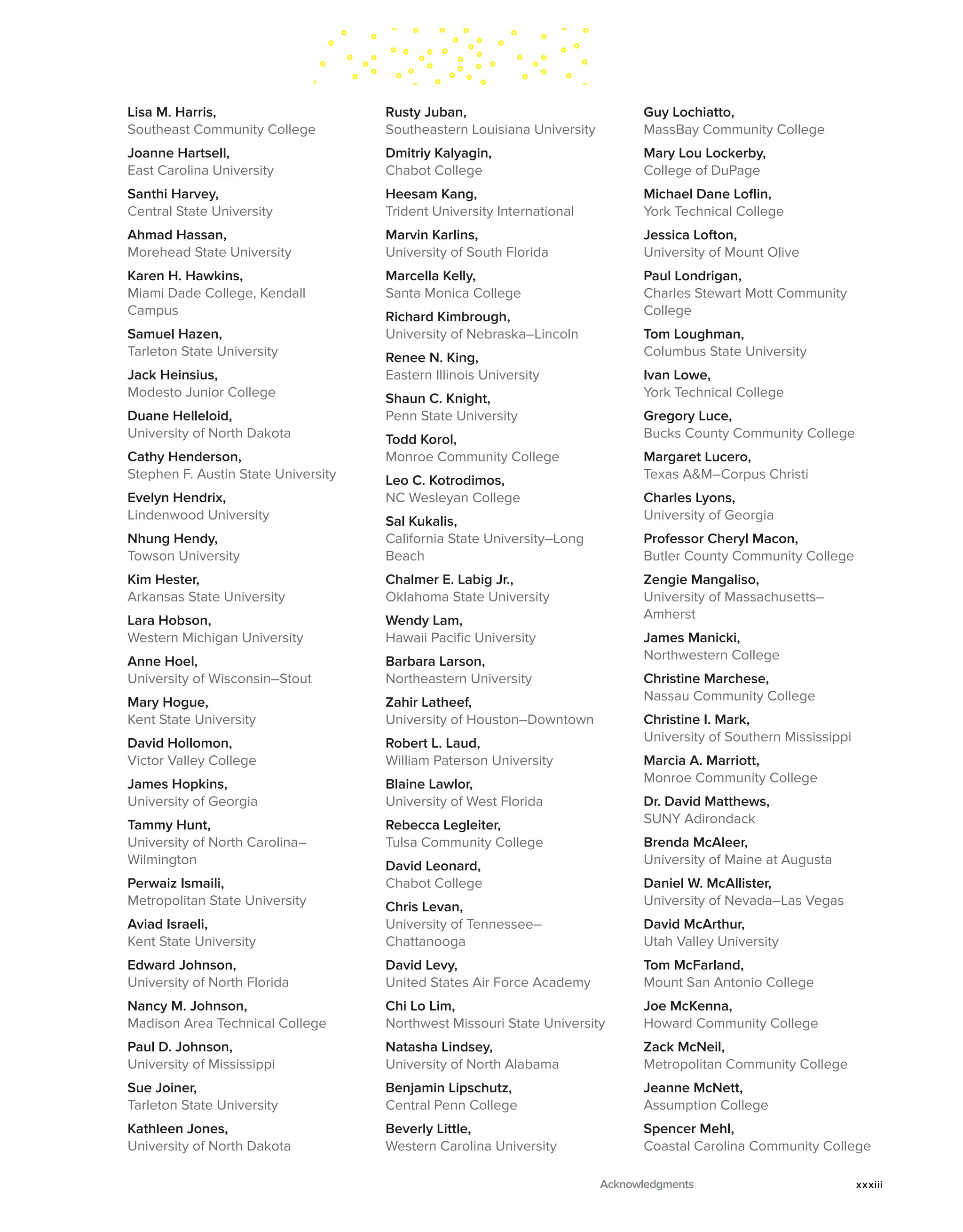 Lisa M. Harris,
Southeast Community College
Joanne Hartsell,
East Carolina University
Santhi Harvey,
Central State University
Ahmad Hassan,
Morehead State University
Karen H. Hawkins,
Miami Dade College, Kendall
Campus
Samuel Hazen,
Tarleton State University
Jack Heinsius,
Modesto Junior College
Duane Helleloid,
University of North Dakota
Cathy Henderson,
Stephen F. Austin State University
Evelyn Hendrix,
Lindenwood University
Nhung Hendy,
Towson University
Kim Hester,
Arkansas State University
Lara Hobson,
Western Michigan University
Anne Hoel,
University of Wisconsin–Stout
Mary Hogue,
Kent State University
David Hollomon,
Victor Valley College
James Hopkins,
University of Georgia
Tammy Hunt,
University of North Carolina–
Wilmington
Perwaiz Ismaili,
Metropolitan State University
Aviad Israeli,
Kent State University
Edward Johnson,
University of North Florida
Nancy M. Johnson,
Madison Area Technical College
Paul D. Johnson,
University of Mississippi
Sue Joiner,
Tarleton State University
Kathleen Jones,
University of North Dakota
Rusty Juban,
Southeastern Louisiana University
Dmitriy Kalyagin,
Chabot College
Heesam Kang,
Trident University International
Marvin Karlins,
University of South Florida
Marcella Kelly,
Santa Monica College
Richard Kimbrough,
University of Nebraska–Lincoln
Renee N. King,
Eastern Illinois University
Shaun C. Knight,
Penn State University
Todd Korol,
Monroe Community College
Leo C. Kotrodimos,
NC Wesleyan College
Sal Kukalis,
California State University–Long
Beach
Chalmer E. Labig Jr.,
Oklahoma State University
Wendy Lam,
Hawaii Pacific University
Barbara Larson,
Northeastern University
Zahir Latheef,
University of Houston–Downtown
Robert L. Laud,
William Paterson University
Blaine Lawlor,
University of West Florida
Rebecca Legleiter,
Tulsa Community College
David Leonard,
Chabot College
Chris Levan,
University of Tennessee–
Chattanooga
David Levy,
United States Air Force Academy
Chi Lo Lim,
Northwest Missouri State University
Natasha Lindsey,
University of North Alabama
Benjamin Lipschutz,
Central Penn College
Beverly Little,
Western Carolina University
Guy Lochiatto,
MassBay Community College
Mary Lou Lockerby,
College of DuPage
Michael Dane Loflin,
York Technical College
Jessica Lofton,
University of Mount Olive
Paul Londrigan,
Charles Stewart Mott Community
College
Tom Loughman,
Columbus State University
Ivan Lowe,
York Technical College
Gregory Luce,
Bucks County Community College
Margaret Lucero,
Texas A&M–Corpus Christi
Charles Lyons,
University of Georgia
Professor Cheryl Macon,
Butler County Community College
Zengie Mangaliso,
University of Massachusetts–
Amherst
James Manicki,
Northwestern College
Christine Marchese,
Nassau Community College
Christine I. Mark,
University of Southern Mississippi
Marcia A. Marriott,
Monroe Community College
Dr. David Matthews,
SUNY Adirondack
Brenda McAleer,
University of Maine at Augusta
Daniel W. McAllister,
University of Nevada–Las Vegas
David McArthur,
Utah Valley University
Tom McFarland,
Mount San Antonio College
Joe McKenna,
Howard Community College
Zack McNeil,
Metropolitan Community College
Jeanne McNett,
Assumption College
Spencer Mehl,
Coastal Carolina Community College
Acknowledgments xxxiii
 