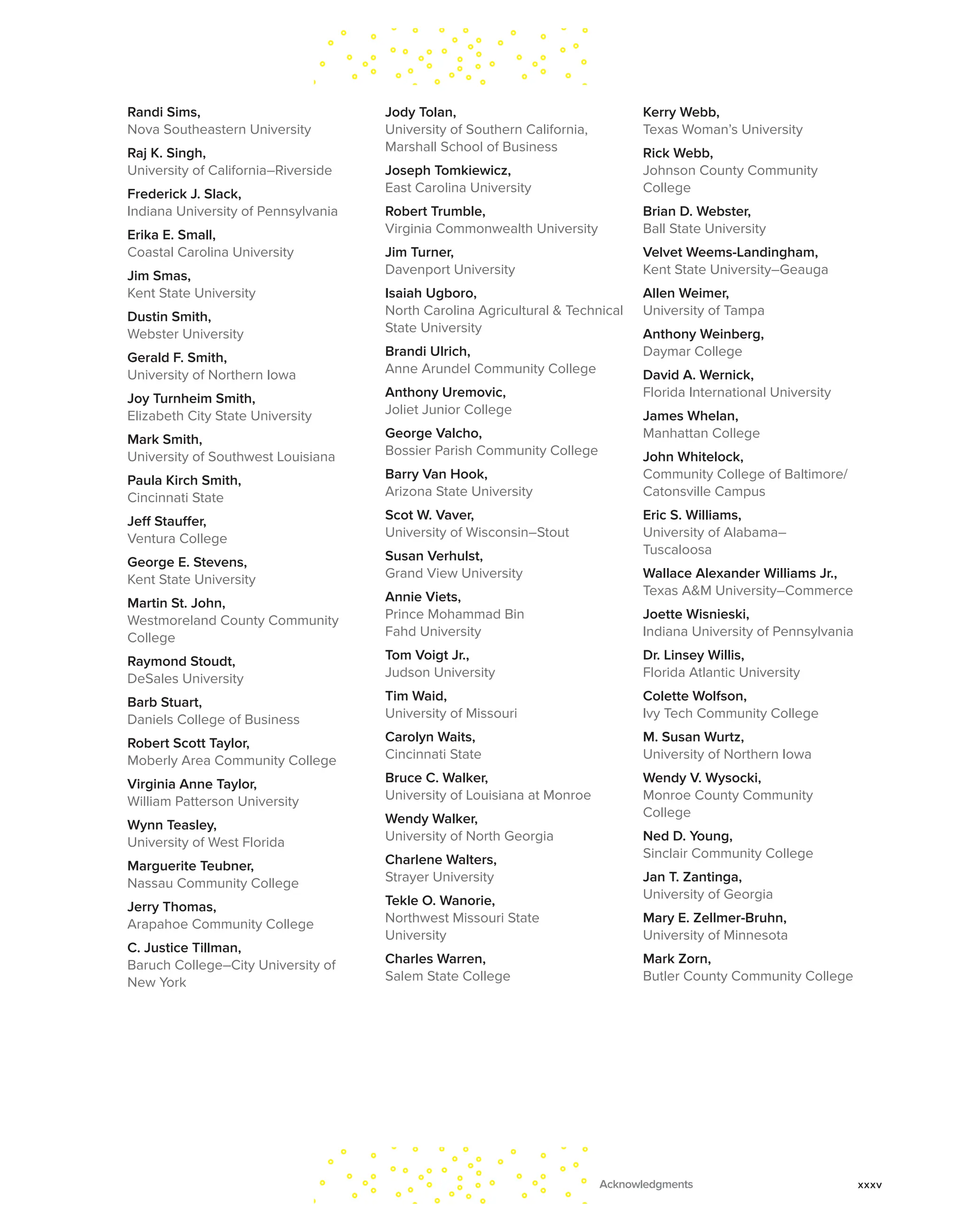 Randi Sims,
Nova Southeastern University
Raj K. Singh,
University of California–Riverside
Frederick J. Slack,
Indiana University of Pennsylvania
Erika E. Small,
Coastal Carolina University
Jim Smas,
Kent State University
Dustin Smith,
Webster University
Gerald F. Smith,
University of Northern Iowa
Joy Turnheim Smith,
Elizabeth City State University
Mark Smith,
University of Southwest Louisiana
Paula Kirch Smith,
Cincinnati State
Jeff Stauffer,
Ventura College
George E. Stevens,
Kent State University
Martin St. John,
Westmoreland County Community
College
Raymond Stoudt,
DeSales University
Barb Stuart,
Daniels College of Business
Robert Scott Taylor,
Moberly Area Community College
Virginia Anne Taylor,
William Patterson University
Wynn Teasley,
University of West Florida
Marguerite Teubner,
Nassau Community College
Jerry Thomas,
Arapahoe Community College
C. Justice Tillman,
Baruch College–City University of
New York
Jody Tolan,
University of Southern California,
Marshall School of Business
Joseph Tomkiewicz,
East Carolina University
Robert Trumble,
Virginia Commonwealth University
Jim Turner,
Davenport University
Isaiah Ugboro,
North Carolina Agricultural & Technical
State University
Brandi Ulrich,
Anne Arundel Community College
Anthony Uremovic,
Joliet Junior College
George Valcho,
Bossier Parish Community College
Barry Van Hook,
Arizona State University
Scot W. Vaver,
University of Wisconsin–Stout
Susan Verhulst,
Grand View University
Annie Viets,
Prince Mohammad Bin
Fahd University
Tom Voigt Jr.,
Judson University
Tim Waid,
University of Missouri
Carolyn Waits,
Cincinnati State
Bruce C. Walker,
University of Louisiana at Monroe
Wendy Walker,
University of North Georgia
Charlene Walters,
Strayer University
Tekle O. Wanorie,
Northwest Missouri State
University
Charles Warren,
Salem State College
Kerry Webb,
Texas Woman’s University
Rick Webb,
Johnson County Community
College
Brian D. Webster,
Ball State University
Velvet Weems-Landingham,
Kent State University–Geauga
Allen Weimer,
University of Tampa
Anthony Weinberg,
Daymar College
David A. Wernick,
Florida International University
James Whelan,
Manhattan College
John Whitelock,
Community College of Baltimore/
Catonsville Campus
Eric S. Williams,
University of Alabama–
Tuscaloosa
Wallace Alexander Williams Jr.,
Texas A&M University–Commerce
Joette Wisnieski,
Indiana University of Pennsylvania
Dr. Linsey Willis,
Florida Atlantic University
Colette Wolfson,
Ivy Tech Community College
M. Susan Wurtz,
University of Northern Iowa
Wendy V. Wysocki,
Monroe County Community
College
Ned D. Young,
Sinclair Community College
Jan T. Zantinga,
University of Georgia
Mary E. Zellmer-Bruhn,
University of Minnesota
Mark Zorn,
Butler County Community College
Acknowledgments xxxv
 