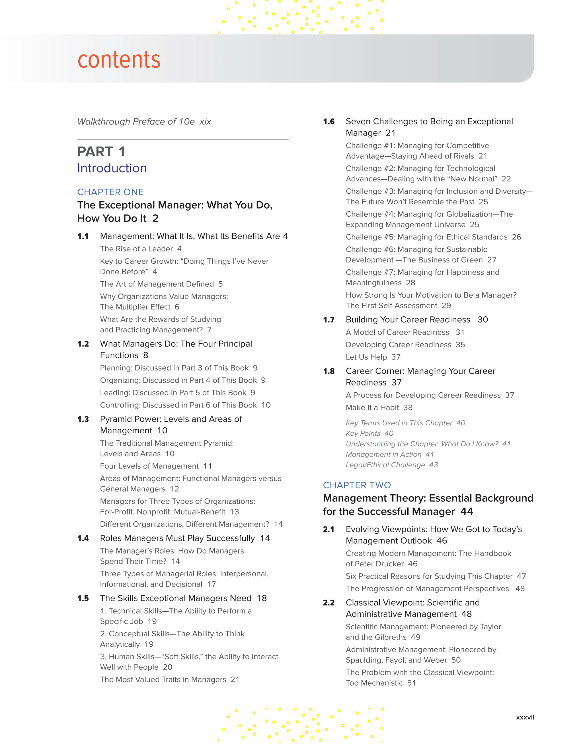 xxxvii
contents
Walkthrough Preface of 10e xix
PART 1
Introduction
CHAPTER ONE
The Exceptional Manager: What You Do,
How You Do It 2
1.1 Management: What It Is, What Its Benefits Are 4
The Rise of a Leader 4
Key to Career Growth: “Doing Things I’ve Never
Done Before” 4
The Art of Management Defined 5
Why Organizations Value Managers:
The Multiplier Effect 6
What Are the Rewards of Studying
and Practicing Management? 7
1.2 What Managers Do: The Four Principal
Functions 8
Planning: Discussed in Part 3 of This Book 9
Organizing: Discussed in Part 4 of This Book 9
Leading: Discussed in Part 5 of This Book 9
Controlling: Discussed in Part 6 of This Book 10
1.3 Pyramid Power: Levels and Areas of
Management 10
The Traditional Management Pyramid:
Levels and Areas 10
Four Levels of Management 11
Areas of Management: Functional Managers versus
General Managers 12
Managers for Three Types of Organizations:
For-Profit, Nonprofit, Mutual-Benefit 13
Different Organizations, Different Management? 14
1.4 Roles Managers Must Play Successfully 14
The Manager’s Roles: How Do Managers
Spend Their Time? 14
Three Types of Managerial Roles: Interpersonal,
Informational, and Decisional 17
1.5 The Skills Exceptional Managers Need 18
1. Technical Skills—The Ability to Perform a
Specific Job 19
2. Conceptual Skills—The Ability to Think
Analytically 19
3. Human Skills—“Soft Skills,” the Ability to Interact
Well with People 20
The Most Valued Traits in Managers 21
1.6 Seven Challenges to Being an Exceptional
Manager 21
Challenge #1: Managing for Competitive
Advantage—Staying Ahead of Rivals 21
Challenge #2: Managing for Technological
Advances—Dealing with the “New Normal” 22
Challenge #3: Managing for Inclusion and Diversity—
The Future Won’t Resemble the Past 25
Challenge #4: Managing for Globalization—The
Expanding Management Universe 25
Challenge #5: Managing for Ethical Standards 26
Challenge #6: Managing for Sustainable
Development —The Business of Green 27
Challenge #7: Managing for Happiness and
Meaningfulness 28
How Strong Is Your Motivation to Be a Manager?
The First Self-Assessment 29
1.7 Building Your Career Readiness 30
A Model of Career Readiness 31
Developing Career Readiness 35
Let Us Help 37
1.8 Career Corner: Managing Your Career
Readiness 37
A Process for Developing Career Readiness 37
Make It a Habit 38
Key Terms Used in This Chapter 40
Key Points 40
Understanding the Chapter: What Do I Know? 41
Management in Action 41
Legal/Ethical Challenge 43
CHAPTER TWO
Management Theory: Essential Background
for the Successful Manager 44
2.1 Evolving Viewpoints: How We Got to Today’s
Management Outlook 46
Creating Modern Management: The Handbook
of Peter Drucker 46
Six Practical Reasons for Studying This Chapter 47
The Progression of Management Perspectives 48
2.2 Classical Viewpoint: Scientific and
Administrative Management 48
Scientific Management: Pioneered by Taylor
and the Gilbreths 49
Administrative Management: Pioneered by
Spaulding, Fayol, and Weber 50
The Problem with the Classical Viewpoint:
Too Mechanistic 51
 