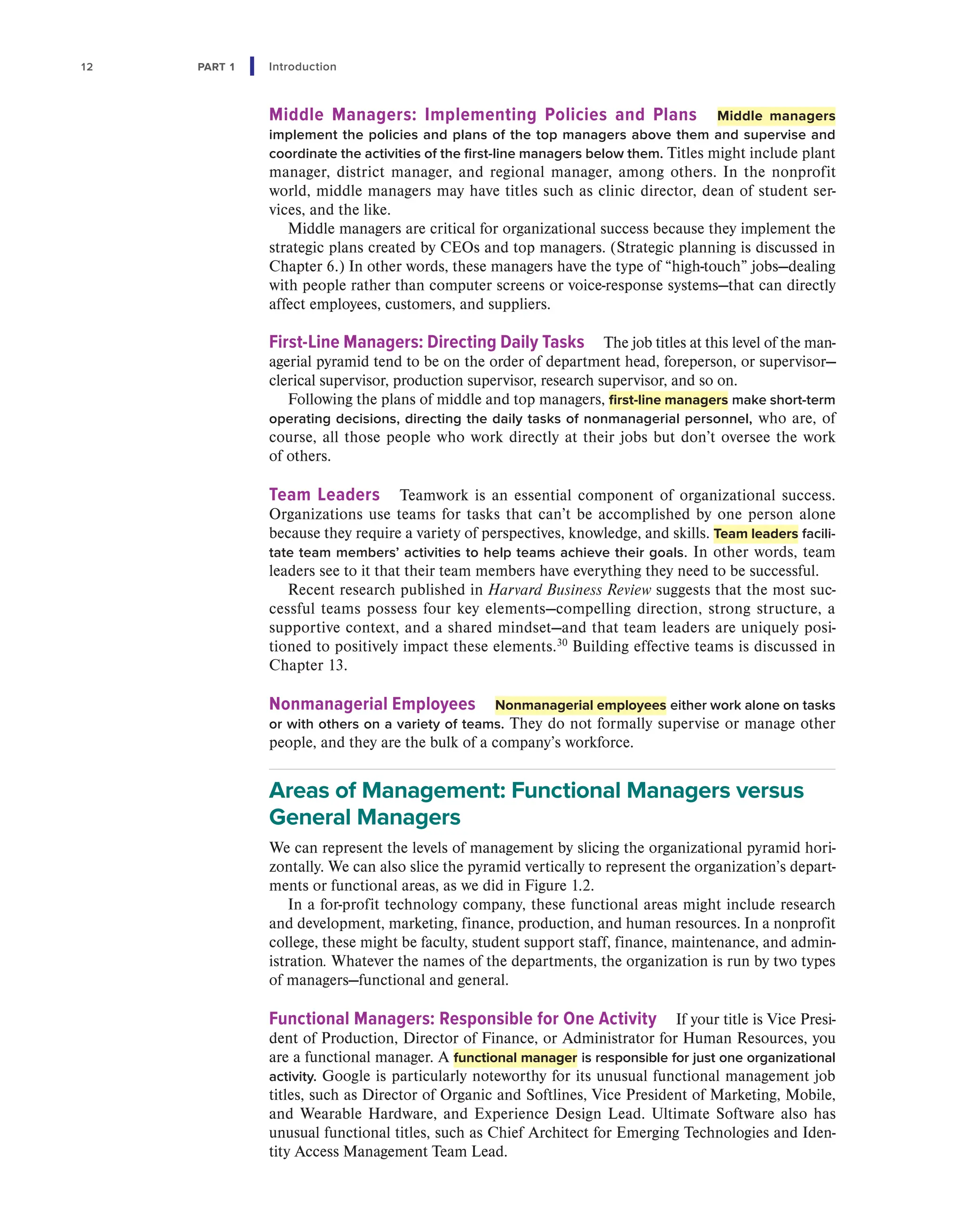 12 PART 1 Introduction
Middle Managers: Implementing Policies and Plans Middle managers
implement the policies and plans of the top managers above them and supervise and
coordinate the activities of the first-line managers below them. Titles might include plant
manager, district manager, and regional manager, among others. In the nonprofit
world, middle managers may have titles such as clinic director, dean of student ser-
vices, and the like.
Middle managers are critical for organizational success because they implement the
strategic plans created by CEOs and top managers. (Strategic planning is discussed in
Chapter 6.) In other words, these managers have the type of “high-touch” jobs—dealing
with people rather than computer screens or voice-response systems—that can directly
affect employees, customers, and suppliers.
First-Line Managers: Directing Daily Tasks The job titles at this level of the man-
agerial pyramid tend to be on the order of department head, foreperson, or supervisor—
clerical supervisor, production supervisor, research supervisor, and so on.
Following the plans of middle and top managers, first-line managers make short-term
operating decisions, directing the daily tasks of nonmanagerial personnel, who are, of
course, all those people who work directly at their jobs but don’t oversee the work
of others.
Team Leaders Teamwork is an essential component of organizational success.
Organizations use teams for tasks that can’t be accomplished by one person alone
because they require a variety of perspectives, knowledge, and skills. Team leaders facili-
tate team members’ activities to help teams achieve their goals. In other words, team
leaders see to it that their team members have everything they need to be successful.
Recent research published in Harvard Business Review suggests that the most suc-
cessful teams possess four key elements—compelling direction, strong structure, a
supportive context, and a shared mindset—and that team leaders are uniquely posi-
tioned to positively impact these elements.30
Building effective teams is discussed in
Chapter 13.
Nonmanagerial Employees Nonmanagerial employees either work alone on tasks
or with others on a variety of teams. They do not formally supervise or manage other
people, and they are the bulk of a company’s workforce.
Areas of Management: Functional Managers versus
General Managers
We can represent the levels of management by slicing the organizational pyramid hori-
zontally. We can also slice the pyramid vertically to represent the organization’s depart-
ments or functional areas, as we did in Figure 1.2.
In a for-profit technology company, these functional areas might include research
and development, marketing, finance, production, and human resources. In a nonprofit
college, these might be faculty, student support staff, finance, maintenance, and admin-
istration. Whatever the names of the departments, the organization is run by two types
of managers—functional and general.
Functional Managers: Responsible for One Activity If your title is Vice Presi-
dent of Production, Director of Finance, or Administrator for Human Resources, you
are a functional manager. A functional manager is responsible for just one organizational
activity. Google is particularly noteworthy for its unusual functional management job
titles, such as Director of Organic and Softlines, Vice President of Marketing, Mobile,
and Wearable Hardware, and Experience Design Lead. Ultimate Software also has
unusual functional titles, such as Chief Architect for Emerging Technologies and Iden-
tity Access Management Team Lead.
 