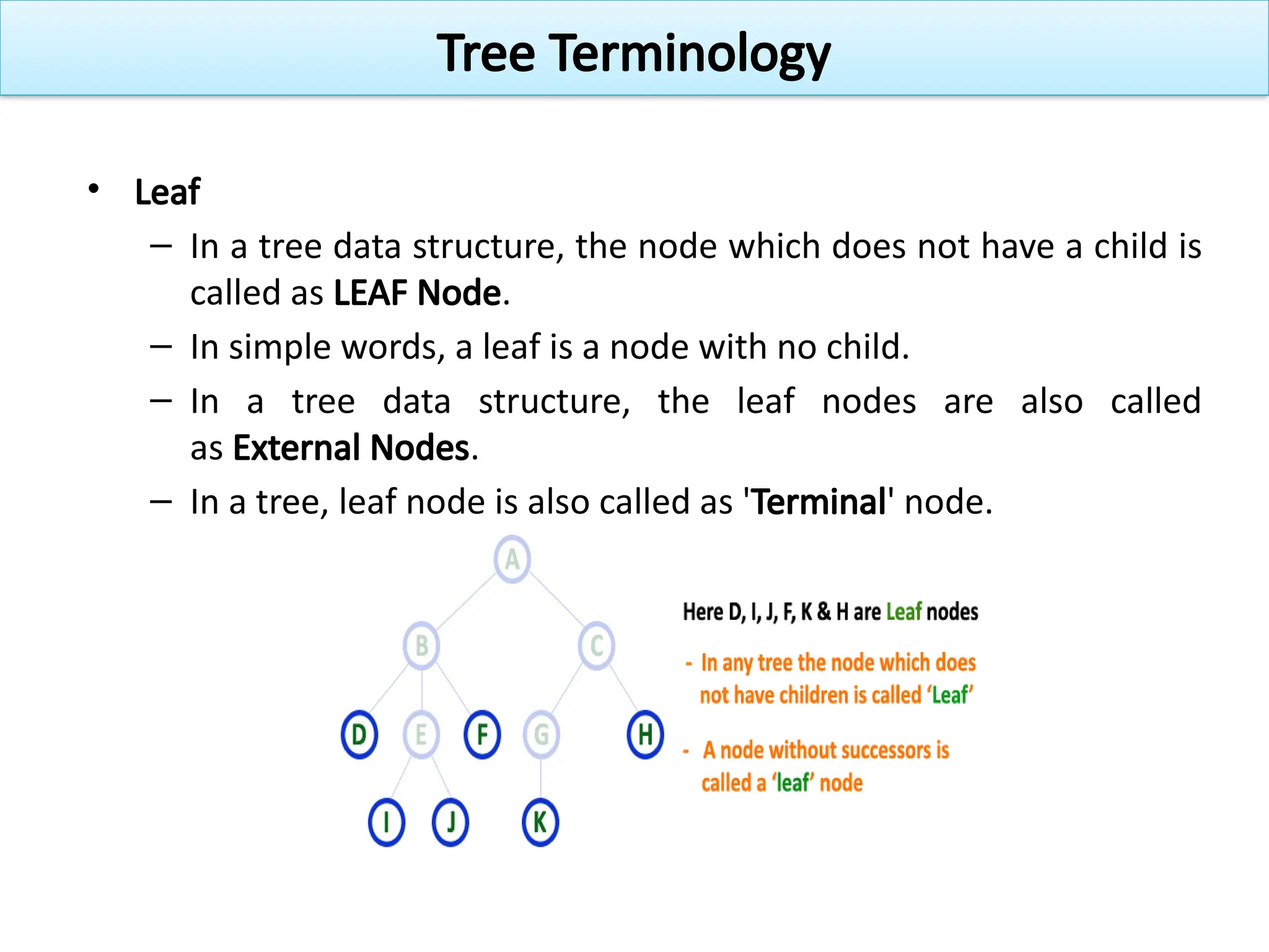 • Leaf
– In a tree data structure, the node which does not have a child is
called as LEAF Node.
– In simple words, a leaf is a node with no child.
– In a tree data structure, the leaf nodes are also called
as External Nodes.
– In a tree, leaf node is also called as 'Terminal' node.
Tree Terminology
 