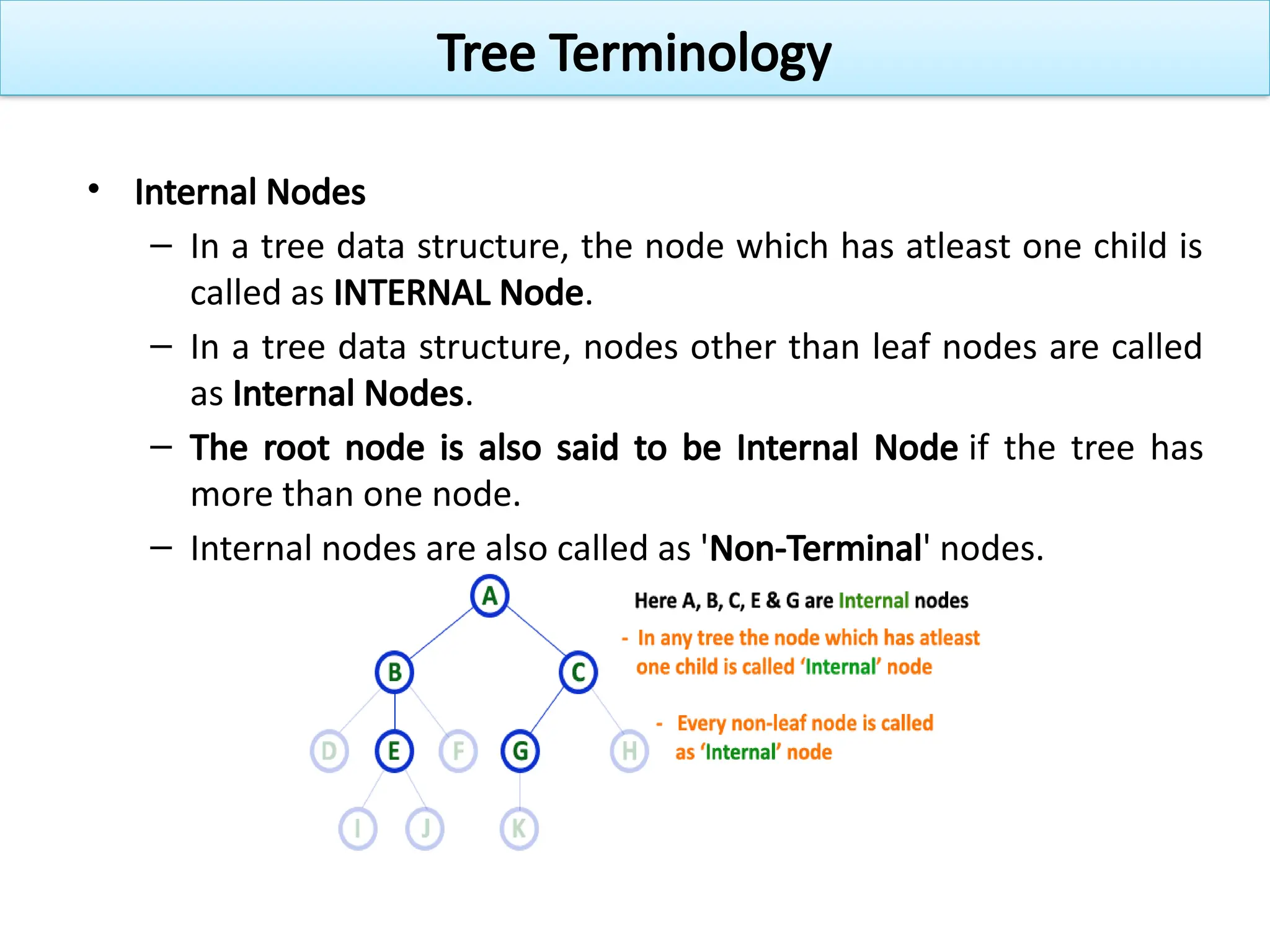 • Internal Nodes
– In a tree data structure, the node which has atleast one child is
called as INTERNAL Node.
– In a tree data structure, nodes other than leaf nodes are called
as Internal Nodes.
– The root node is also said to be Internal Node if the tree has
more than one node.
– Internal nodes are also called as 'Non-Terminal' nodes.
Tree Terminology
 