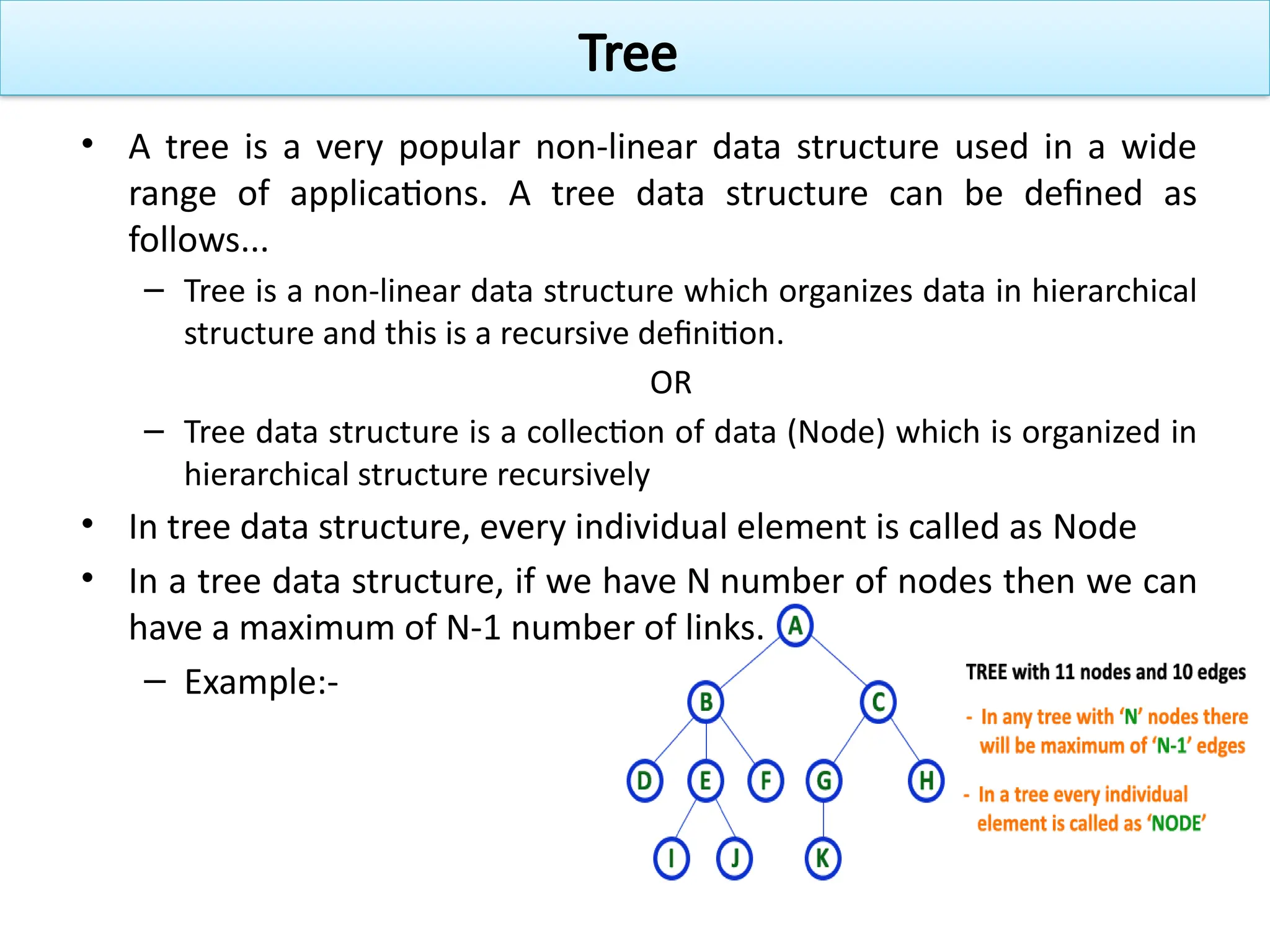 • A tree is a very popular non-linear data structure used in a wide
range of applications. A tree data structure can be defined as
follows...
– Tree is a non-linear data structure which organizes data in hierarchical
structure and this is a recursive definition.
OR
– Tree data structure is a collection of data (Node) which is organized in
hierarchical structure recursively
• In tree data structure, every individual element is called as Node
• In a tree data structure, if we have N number of nodes then we can
have a maximum of N-1 number of links.
– Example:-
Tree
 