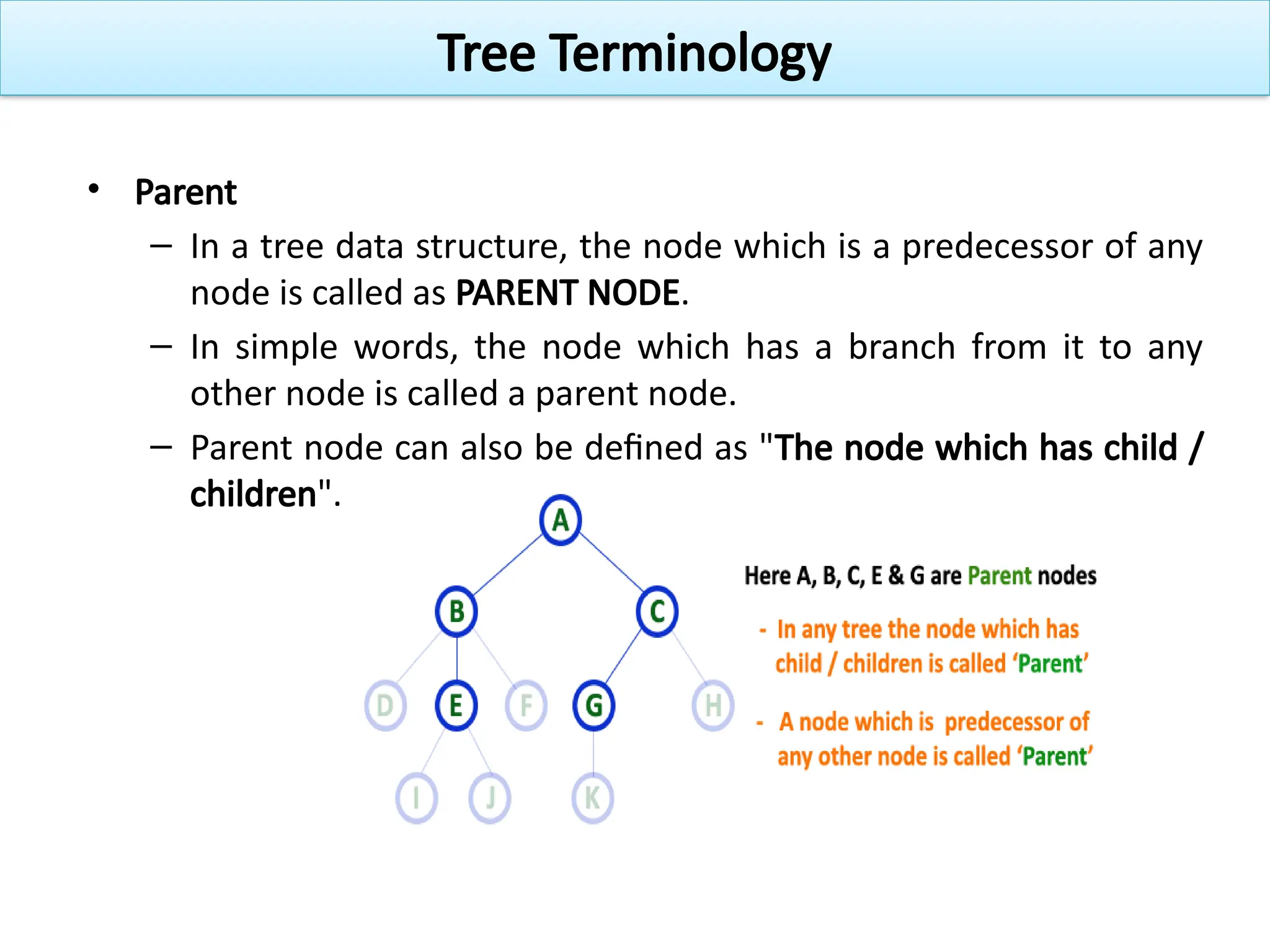 • Parent
– In a tree data structure, the node which is a predecessor of any
node is called as PARENT NODE.
– In simple words, the node which has a branch from it to any
other node is called a parent node.
– Parent node can also be defined as "The node which has child /
children".
Tree Terminology
 