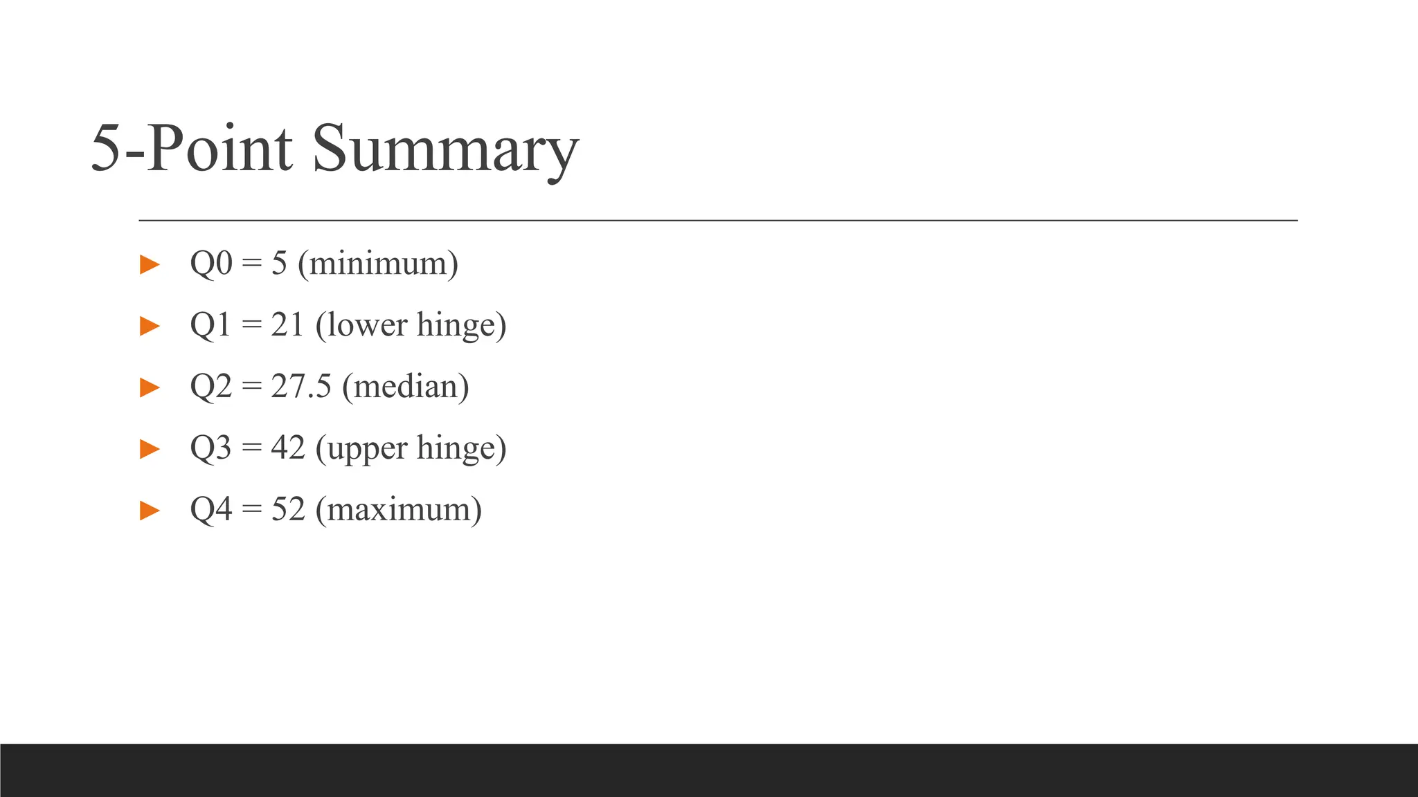 5-Point Summary
► Q0 = 5 (minimum)
► Q1 = 21 (lower hinge)
► Q2 = 27.5 (median)
► Q3 = 42 (upper hinge)
► Q4 = 52 (maximum)
 