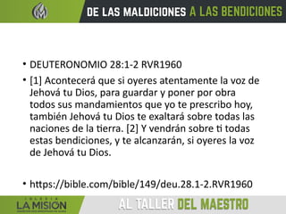 • DEUTERONOMIO 28:1-2 RVR1960
• [1] Acontecerá que si oyeres atentamente la voz de
Jehová tu Dios, para guardar y poner por obra
todos sus mandamientos que yo te prescribo hoy,
también Jehová tu Dios te exaltará sobre todas las
naciones de la tierra. [2] Y vendrán sobre ti todas
estas bendiciones, y te alcanzarán, si oyeres la voz
de Jehová tu Dios.
• https://bible.com/bible/149/deu.28.1-2.RVR1960
 