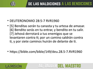 • DEUTERONOMIO 28:5-7 RVR1960
• [5] Benditas serán tu canasta y tu artesa de amasar.
[6] Bendito serás en tu entrar, y bendito en tu salir.
[7] Jehová derrotará a tus enemigos que se
levantaren contra ti; por un camino saldrán contra
ti, y por siete caminos huirán de delante de ti.
• https://bible.com/bible/149/deu.28.5-7.RVR1960
 
