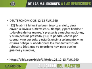 • DEUTERONOMIO 28:12-13 RVR1960
• [12] Te abrirá Jehová su buen tesoro, el cielo, para
enviar la lluvia a tu tierra en su tiempo, y para bendecir
toda obra de tus manos. Y prestarás a muchas naciones,
y tú no pedirás prestado. [13] Te pondrá Jehová por
cabeza, y no por cola; y estarás encima solamente, y no
estarás debajo, si obedecieres los mandamientos de
Jehová tu Dios, que yo te ordeno hoy, para que los
guardes y cumplas,
• https://bible.com/bible/149/deu.28.12-13.RVR1960
 