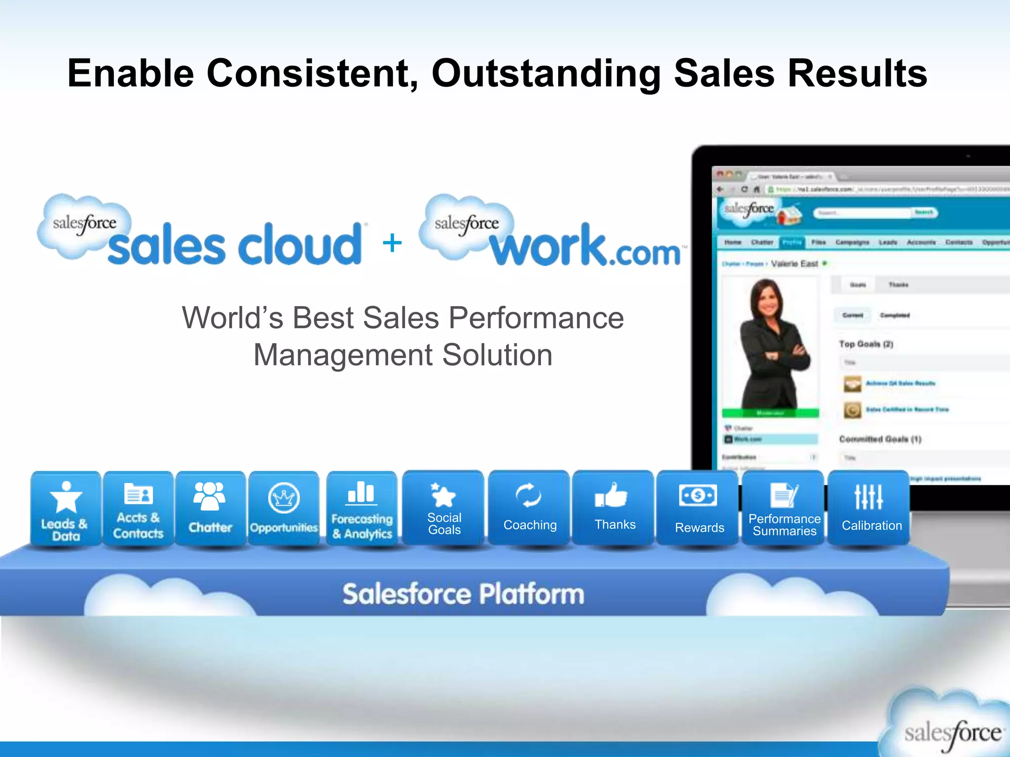 +
World’s Best Sales Performance
Management Solution
Enable Consistent, Outstanding Sales Results
Social
Goals Coaching Rewards CalibrationThanks Performance
Summaries
 
