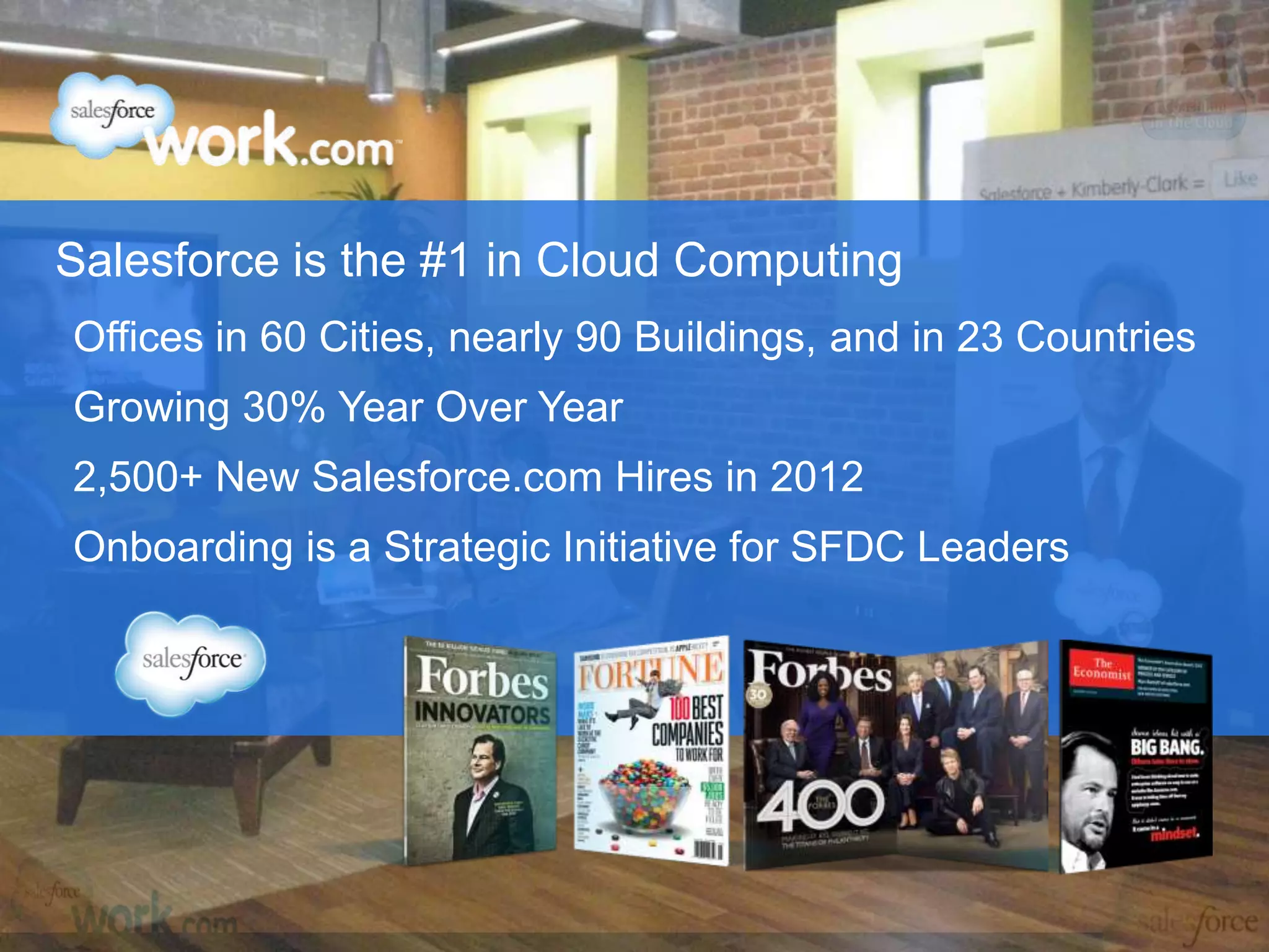 Salesforce is the #1 in Cloud Computing
Offices in 60 Cities, nearly 90 Buildings, and in 23 Countries
Growing 30% Year Over Year
2,500+ New Salesforce.com Hires in 2012
Onboarding is a Strategic Initiative for SFDC Leaders
 