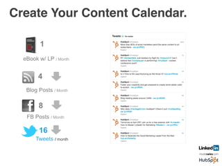 Create Your Content Calendar.!
4
Blog Posts / Month	
  
FB Posts / Month	
  
8
Tweets / month	
  
16
1
eBook w/ LP / Month
 