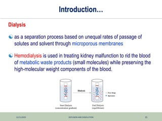 12/11/2025 DIFFUSION AND DISSOLUTION 15
Introduction…
Dialysis
 as a separation process based on unequal rates of passage of
solutes and solvent through microporous membranes
 Hemodialysis is used in treating kidney malfunction to rid the blood
of metabolic waste products (small molecules) while preserving the
high-molecular weight components of the blood.
 