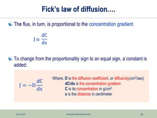 12/11/2025 DIFFUSION AND DISSOLUTION 18
Fick’s law of diffusion….
 The flux, in turn, is proportional to the concentration gradient
 To change from the proportionality sign to an equal sign, a constant is
added:
Where, D is the diffusion coefficient, or diffusivity(cm2/sec)
dC/dx is the concentration gradient
C is its concentration in g/cm3
x is the distance in centimeter
J α
dC
dx
J = −D
dC
dx
 
