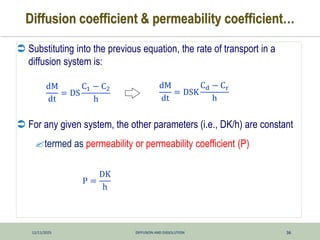 12/11/2025 DIFFUSION AND DISSOLUTION 36
Diffusion coefficient & permeability coefficient…
 Substituting into the previous equation, the rate of transport in a
diffusion system is:
 For any given system, the other parameters (i.e., DK/h) are constant
termed as permeability or permeability coefficient (P)
dM
dt
= DSK
Cd − Cr
h
dM
dt
= DS
C1 − C2
h
P =
DK
h
 