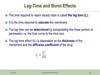 12/11/2025 DIFFUSION AND DISSOLUTION 46
Lag-Time and Burst Effects
 The time required to reach steady state is called the lag time (tL).
 It is the time required to saturate the membrane
 The lag time can be determined by extrapolating the linear portion of
permeation vs. the time curve to the time axis
 The lag-time effect (tL) is dependent on the thickness of the
membrane and the diffusion coefficient of the drug
𝑡𝐿 =
ℎ2
6𝐷
 