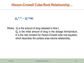 12/11/2025 DIFFUSION AND DISSOLUTION 70
Hixson-Crowell Cube-Root Relationship…
Where, Qt is the amount of drug released in time t,
Q0 is the initial amount of drug in the dosage form/product,
K is the rate constant for Hixson-Crowell cube root equation,
which describes the surface area-volume relationship..
𝑸𝟎
𝟏/𝟑 − Qt
1/3=Kt
 