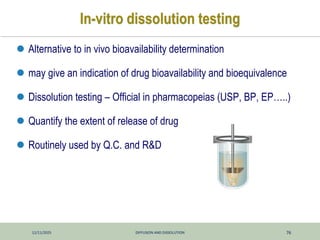 12/11/2025 DIFFUSION AND DISSOLUTION 76
In-vitro dissolution testing
 Alternative to in vivo bioavailability determination
 may give an indication of drug bioavailability and bioequivalence
 Dissolution testing – Official in pharmacopeias (USP, BP, EP…..)
 Quantify the extent of release of drug
 Routinely used by Q.C. and R&D
 