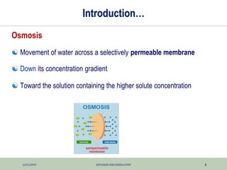 12/11/2025 DIFFUSION AND DISSOLUTION 8
Introduction…
Osmosis
 Movement of water across a selectively permeable membrane
 Down its concentration gradient
 Toward the solution containing the higher solute concentration
 