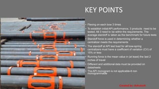 • Flexing on each bow 3 times
• To establish initial API performance, 3 products need to be
tested. All 3 need to be within the requirements. The
average standoff is taken as the benchmark for future tests
• Standoff force is used in determining whether a
centralizer meets the requirements
• The standoff at API test load for all bow-spring
centralizers must have a coefficient of variation (CV) of
15% or less
• Running force is the mean value in (at least) the last 2
inches of travel
• Different and additional data must be provided on
datasheets
• The API monogram is not applicable-It non
monogrammable
KEY POINTS
Created by :Ashutosh
 