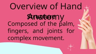 Structure
Composed of the palm,
fingers, and joints for
complex movement.
Overview of Hand
Anatomy
 