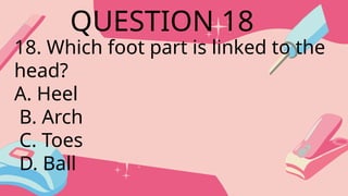 18. Which foot part is linked to the
head?
A. Heel
B. Arch
C. Toes
D. Ball
QUESTION 18
 