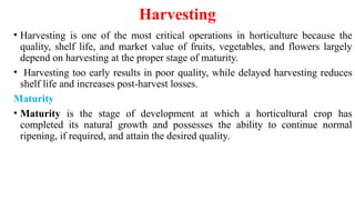 Harvesting
• Harvesting is one of the most critical operations in horticulture because the
quality, shelf life, and market value of fruits, vegetables, and flowers largely
depend on harvesting at the proper stage of maturity.
• Harvesting too early results in poor quality, while delayed harvesting reduces
shelf life and increases post-harvest losses.
Maturity
• Maturity is the stage of development at which a horticultural crop has
completed its natural growth and possesses the ability to continue normal
ripening, if required, and attain the desired quality.
 