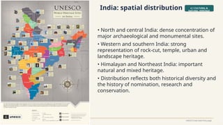 India: spatial distribution 4.1 CULTURAL &
NATURAL HERITAGE
World Heritage Archaeological Sites & Monuments in India • Slide 8 UNESCO India State Party page
• North and central India: dense concentration of
major archaeological and monumental sites.
• Western and southern India: strong
representation of rock-cut, temple, urban and
landscape heritage.
• Himalayan and Northeast India: important
natural and mixed heritage.
• Distribution reflects both historical diversity and
the history of nomination, research and
conservation.
 