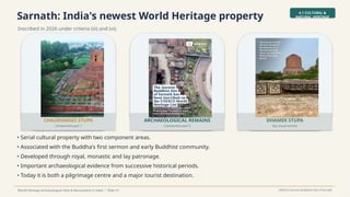 Sarnath: India's newest World Heritage property
Inscribed in 2026 under criteria (iii) and (vi).
4.1 CULTURAL &
NATURAL HERITAGE
World Heritage Archaeological Sites & Monuments in India • Slide 14 UNESCO Ancient Buddhist Site of Sarnath
CHAUKHANDI STUPA
Component part 1
ARCHAEOLOGICAL REMAINS
Component part 2
DHAMEK STUPA
Key visual anchor
• Serial cultural property with two component areas.
• Associated with the Buddha's first sermon and early Buddhist community.
• Developed through royal, monastic and lay patronage.
• Important archaeological evidence from successive historical periods.
• Today it is both a pilgrimage centre and a major tourist destination.
 