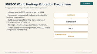 UNESCO World Heritage Education Programme
Young people are explicitly included in the World Heritage mission.
4.2 EDUCATION
World Heritage Archaeological Sites & Monuments in India • Slide 24 UNESCO World Heritage Education Programme
• Initiated as a UNESCO special project in 1994.
• Encourages young people to become involved in
heritage conservation.
• Builds awareness of the 1972 Convention and
interdependence of cultures.
• Develops educational approaches and materials.
• Fosters cooperation among schools, UNESCO bodies
and partner stakeholders.
AWARENESS
↓
ENGAGEMENT
↓
SKILLS
↓
CONSERVATION
ACTION
 