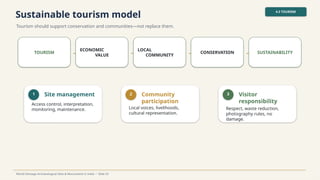 Sustainable tourism model
Tourism should support conservation and communities—not replace them.
4.3 TOURISM
World Heritage Archaeological Sites & Monuments in India • Slide 33
TOURISM →
ECONOMIC
VALUE →
LOCAL
COMMUNITY → CONSERVATION → SUSTAINABILITY
1 Site management
Access control, interpretation,
monitoring, maintenance.
2 Community
participation
Local voices, livelihoods,
cultural representation.
3 Visitor
responsibility
Respect, waste reduction,
photography rules, no
damage.
 