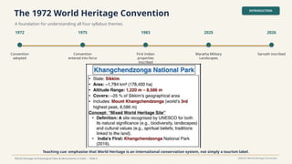 The 1972 World Heritage Convention
A foundation for understanding all four syllabus themes.
INTRODUCTION
World Heritage Archaeological Sites & Monuments in India • Slide 6 UNESCO World Heritage Convention
1972
Convention
adopted
1975
Convention
entered into force
1983
First Indian
properties
inscribed
2025
Maratha Military
Landscapes
2026
Sarnath inscribed
Teaching cue: emphasise that World Heritage is an international conservation system, not simply a tourism label.
 