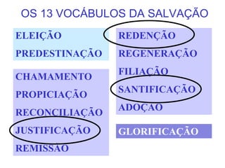 OS 13 VOCÁBULOS DA SALVAÇÃO
ELEIÇÃO
PREDESTINAÇÃO
REDENÇÃO
REGENERAÇÃO
FILIAÇÃO
SANTIFICAÇÃO
ADOÇÃO
CHAMAMENTO
PROPICIAÇÃO
RECONCILIAÇÃO
JUSTIFICAÇÃO
REMISSÃO
GLORIFICAÇÃO
 