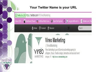 Your Twitter Name is your URL

   GRAPEVINE CHAMBER OF COMMERCE
                Presents:




S oc i al M di a 1 01
           e
 