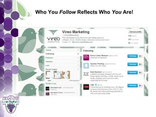 Who You Follow Reflects Who You Are!

   GRAPEVINE CHAMBER OF COMMERCE
                 Presents:




S oc i al M di a 1 01
           e
 