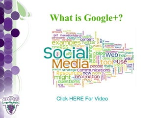 What is Google+?
   GRAPEVINE CHAMBER OF COMMERCE
                Presents:




S oc i al M di a 1 01
           e


           Click HERE For Video
 