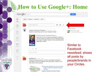 How to Use Google+: Home
   GRAPEVINE CHAMBER OF COMMERCE
               Presents:




S oc i al M di a 1 01
           e
                           Similar to
                           Facebook
                           newsfeed; shows
                           all posts by
                           people/brands in
                           your Circles.
 