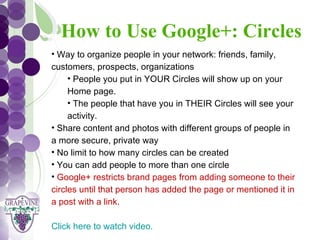 How to Use Google+: Circles
   GRAPEVINE CHAMBER OF COMMERCE
  • Way to organize people in your network: friends, family,
  customers, prospects, organizations
                            Presents:
       • People you put in YOUR Circles will show up on your


S oc i al M di a 1 01
           e
       Home page.
       • The people that have you in THEIR Circles will see your
       activity.
  • Share content and photos with different groups of people in
  a more secure, private way
  • No limit to how many circles can be created
  • You can add people to more than one circle
  • Google+ restricts brand pages from adding someone to their
  circles until that person has added the page or mentioned it in
  a post with a link.

  Click here to watch video.
 