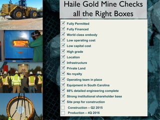 Haile Gold Mine Checks
all the Right Boxes
ü Fully Permitted
ü Fully Financed
ü World class orebody
ü Low operating cost
ü Low capital cost
ü High grade
ü Location
ü Infrastructure
ü Private Land
ü No royalty
ü Operating team in place
ü Equipment in South Carolina
ü 88% detailed engineering complete
ü Strong institutional shareholder base
ü Site prep for construction
Construction – Q2 2015
Production – 4Q 2016
3	
  
 