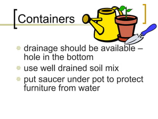 Containers drainage should be available – hole in the bottom use well drained soil mix put saucer under pot to protect furniture from water 