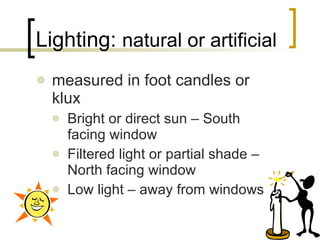 Lighting:  natural or artificial measured in foot candles or klux Bright or direct sun – South facing window Filtered light or partial shade – North facing window Low light – away from windows 