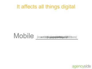 It affects all things digital Mobile ___________ {insert digital marketing tactic here} website optimization (SEO) pay-per-click websites email display advertising commerce 
