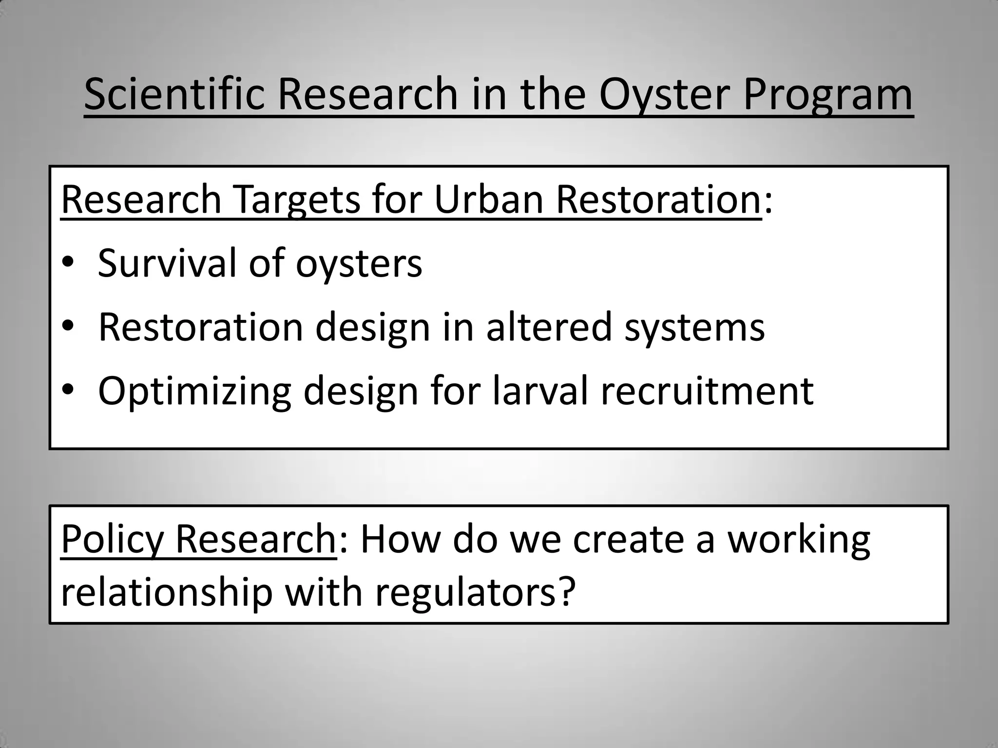 Scientific Research in the Oyster Program

Research Targets for Urban Restoration:
• Survival of oysters
• Restoration design in altered systems
• Optimizing design for larval recruitment


Policy Research: How do we create a working
relationship with regulators?
 