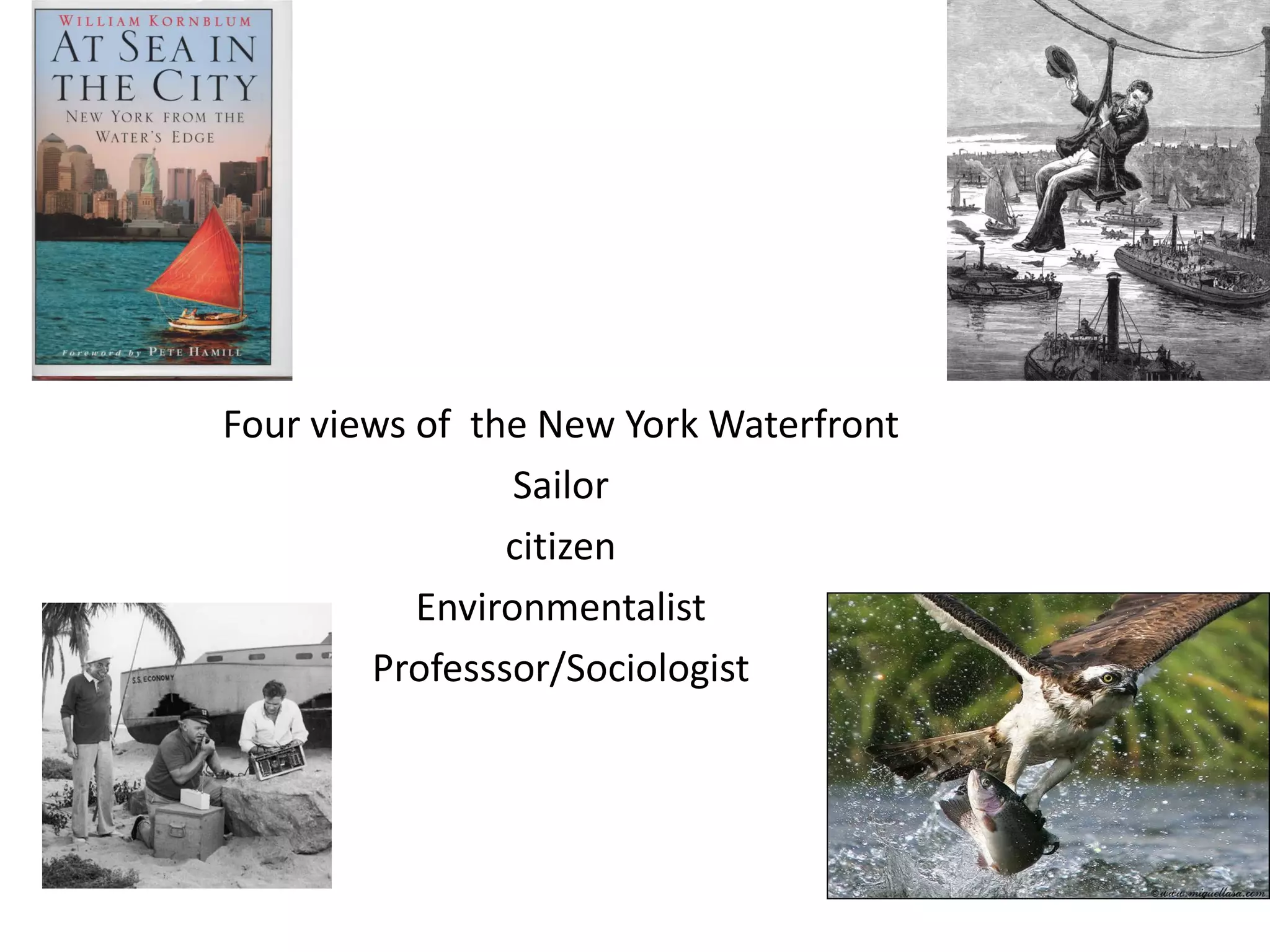 Four views of the New York Waterfront
                 Sailor
                citizen
           Environmentalist
        Professsor/Sociologist
 