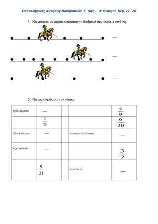 Επαναληπτικές Ασκήσεις Μαθηματικών Γ΄ τάξη - 4η Ενότητα Κεφ. 22 - 26
4. Να γράψετε με μορφή κλάσματος τη διαδρομή που έκανε ο ιππότης.
5. Να συμπληρώσετε τον πίνακα:
τρία πέμπτα
20
6
δύο δεύτερα τέσσερα δωδέκατα
έξι εικοστά
7
3
21
9 ένα ένατο
8
1
9
4
 
