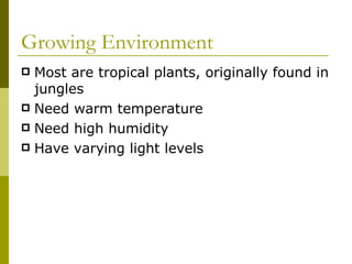 Growing Environment Most are tropical plants, originally found in jungles Need warm temperature Need high humidity Have varying light levels 