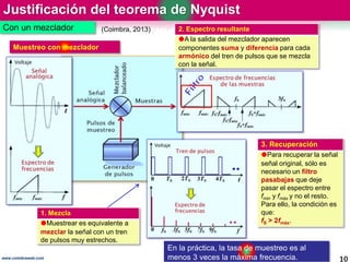 Justificación del teorema de Nyquist
10www.coimbraweb.com
Muestreo con mezclador
Con un mezclador
En la práctica, la tasa de muestreo es al
menos 3 veces la máxima frecuencia.
1. Mezcla
Muestrear es equivalente a
mezclar la señal con un tren
de pulsos muy estrechos.
2. Espectro resultante
A la salida del mezclador aparecen
componentes suma y diferencia para cada
armónico del tren de pulsos que se mezcla
con la señal.
3. Recuperación
Para recuperar la señal
señal original, sólo es
necesario un filtro
pasabajas que deje
pasar el espectro entre
fmin y fmáx y no el resto.
Para ello, la condición es
que:
fS > 2fmáx.
(Coimbra, 2013)
 
