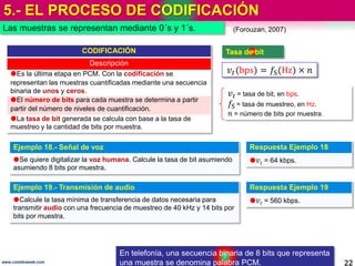 5.- EL PROCESO DE CODIFICACIÓN
22www.coimbraweb.com
Las muestras se representan mediante 0´s y 1´s.
CODIFICACIÓN
Descripción
Es la última etapa en PCM. Con la codificación se
representan las muestras cuantificadas mediante una secuencia
binaria de unos y ceros.
El número de bits para cada muestra se determina a partir
partir del número de niveles de cuantificación.
La tasa de bit generada se calcula con base a la tasa de
muestreo y la cantidad de bits por muestra.
𝑣 𝑡 = tasa de bit, en bps.
𝑓S = tasa de muestreo, en Hz.
𝑛 = número de bits por muestra.
𝑣𝑡(bps) = 𝑓S(Hz) × 𝑛
Tasa de bit
Ejemplo 18.- Señal de voz
Se quiere digitalizar la voz humana. Calcule la tasa de bit asumiendo
asumiendo 8 bits por muestra.
Respuesta Ejemplo 18
 𝑣𝑡 = 64 kbps.
Ejemplo 19.- Transmisión de audio
Calcule la tasa mínima de transferencia de datos necesaria para
transmitir audio con una frecuencia de muestreo de 40 kHz y 14 bits por
bits por muestra.
Respuesta Ejemplo 19
 𝑣𝑡 = 560 kbps.
(Forouzan, 2007)
En telefonía, una secuencia binaria de 8 bits que representa
una muestra se denomina palabra PCM.
 