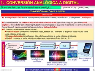 1.- CONVERSIÓN ANALÓGICA A DIGITAL
3www.coimbraweb.com
El mundo físico es fundamentalmente analógico (Frenzel, 2003) (Blake, 2004)
CONVERSIÓN ANALÓGICA A DIGITAL
Descripción
Las magnitudes físicas que sirven para representar fenómenos naturales son, por lo general, analógicas,
En consecuencia, los sistemas electrónicos de comunicación, que, en su mayoría, procesan datos
digitales, deben tratar con estas magnitudes físicas analógicas en su punto de contacto con el mundo exterior
(sus entradas); y para procesarlas las convierten a datos digitales.
El proceso de conversión se resume así:
Un transductor (micrófono, cámara de video, sensor, etc.) convierte la magnitud física en una señal
señal eléctrica analógica.
Un acondicionador (amplificador, filtro, etc.) acondiciona la señal eléctrica analógica.
Un A/D convierte la señal eléctrica analógica en dato digital (flujos de 0´s y 1´s).
Procesodeconversión
El convertidor A/D utiliza habitualmente la técnica PCM.
 